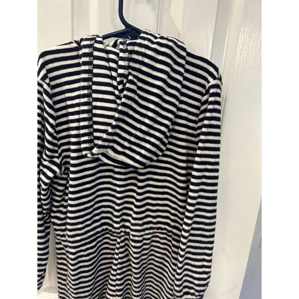 Old Navy Swim Cover‎ Up Navy Blue Striped Terry Cloth Hooded Full Zip Robe